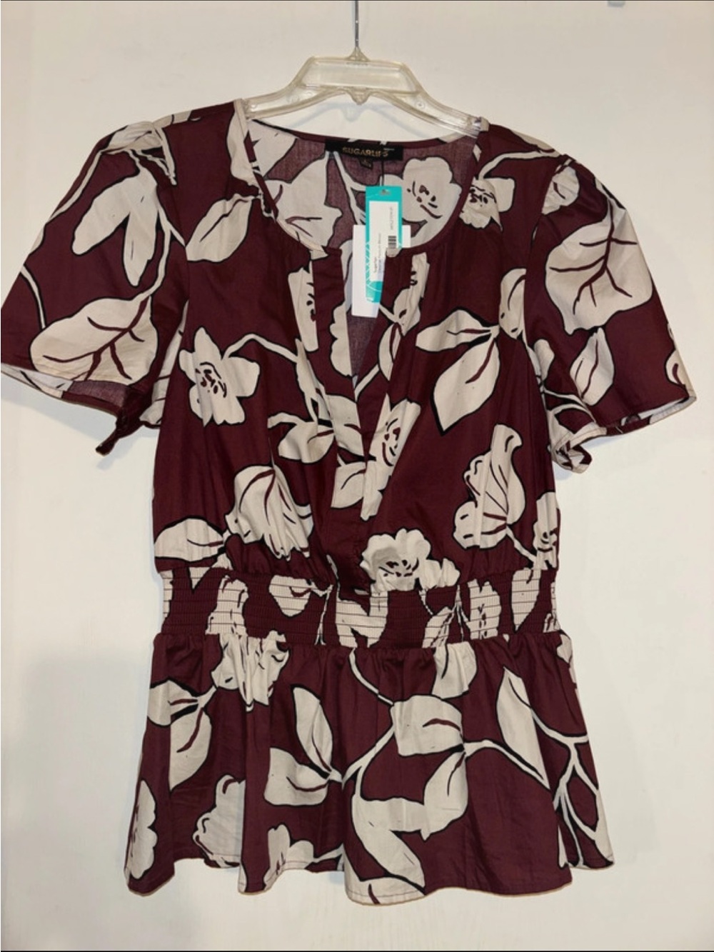 Women’s Floral Peplum Top by Sugarlips - Wine/ Cream)